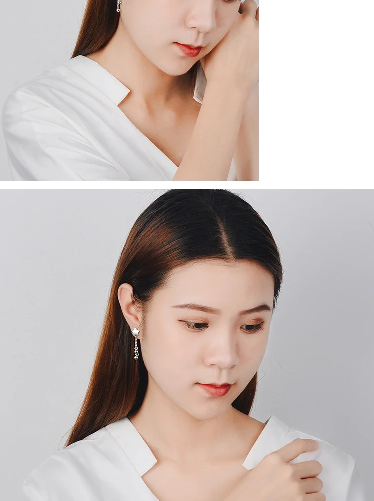 

925 Solid Sterling Silver Chain Tassel Bead Earrings For Women Cute Party Minimalist Star Fine Jewelry 2020 Wedding Gift