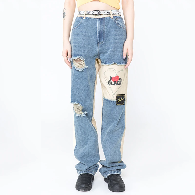

Patchwork Ripped Jeans Mens Blue Black Retro Denim Pants Trousers High Street Zipper HipHop Loose Jeans Homme Straight