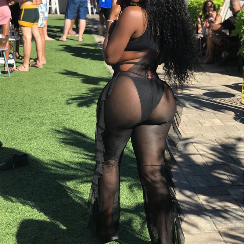 

Hirigin Summer Women Sexy Bikini Cover Up Lace Sheer Mesh See-Through Ruffles Jumpsuit Ladies Beach Romper