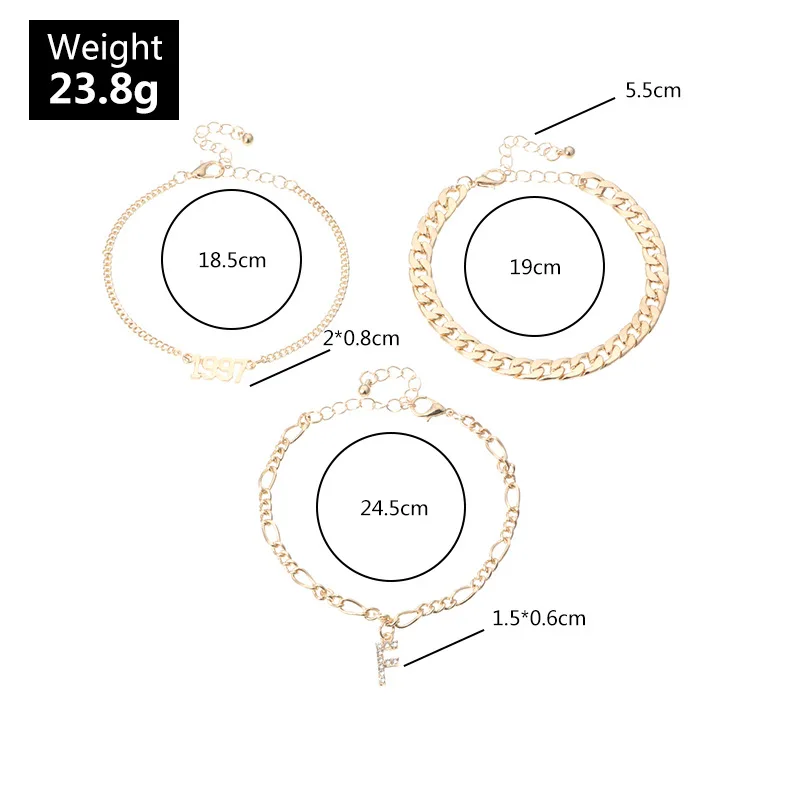 

3 Pcs/Set Cool Retro Bracelet Women Fashion Year 1997 Letter F Rhinestone Thick Chain Gold Charm Bracelets Jewelry For Girls