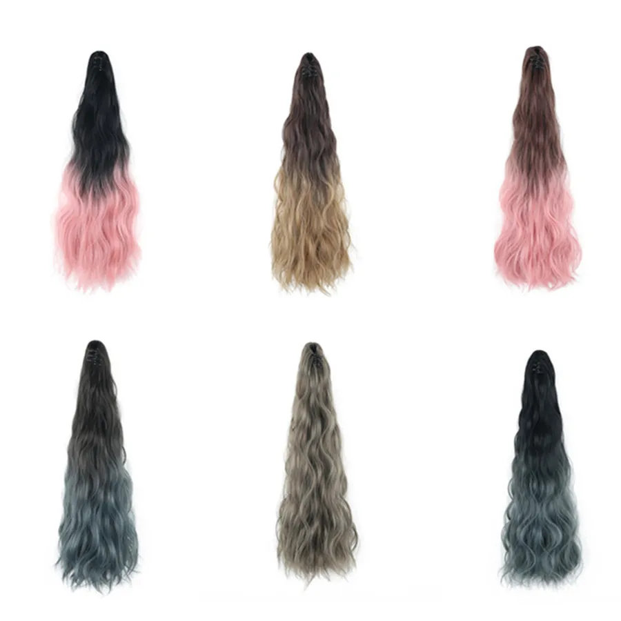 Ful Ombre Synthetic Women Clip In Hair Extensions Wavy Curly Style Pony Tail Hairpiece Blue Pink Hairstyle