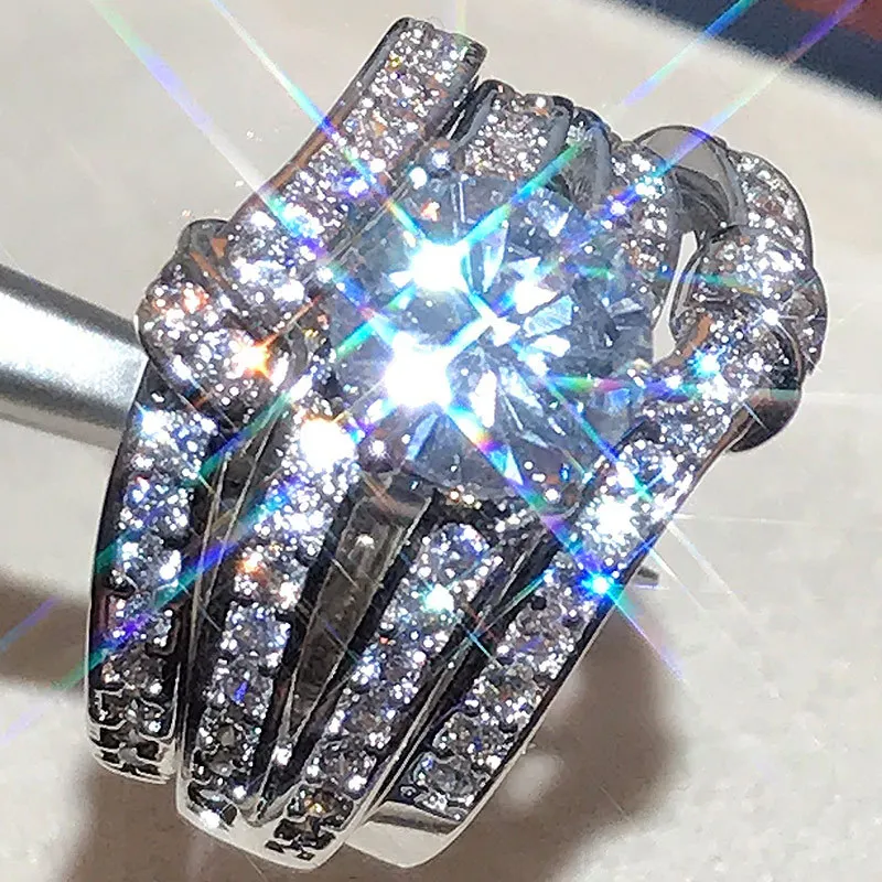 

Hot Selling Luxury Round 925 Sterling Silver Three PCS Wedding Ring Set For Women Lady Anniversary Gift Jewelry Wholesale R5863