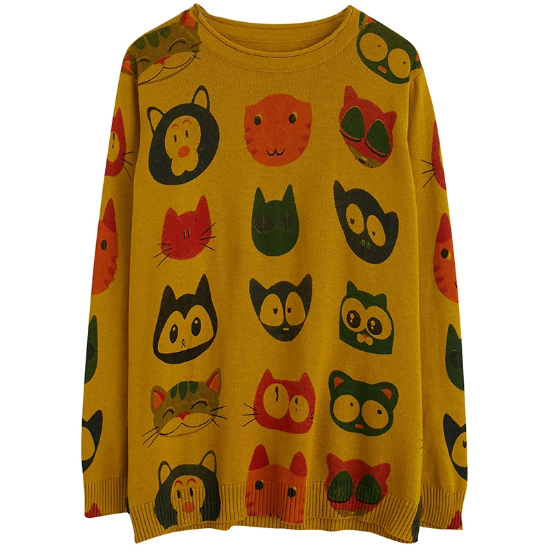 

2020 New Autumn Winter Women Sweater High Quality Cute Cat Print Loose Knitted Pullover Sweater Vintage Sweater Women Tops