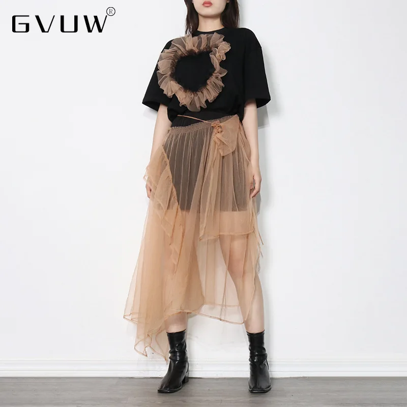 

Корейская версия GVUW, маленький новый дизайн, сетчатая юбка с оборками, необычная сетчатая юбка с высокой талией, комплект из двух предметов ...