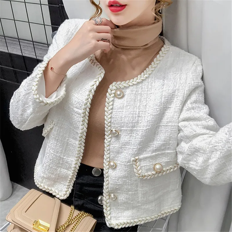 

Women Runway Tweed Jacket Autumn Short Tops Long Sleeve Pearls Short Coat Casual Tweed Wool Outwear Black White Plaid Button