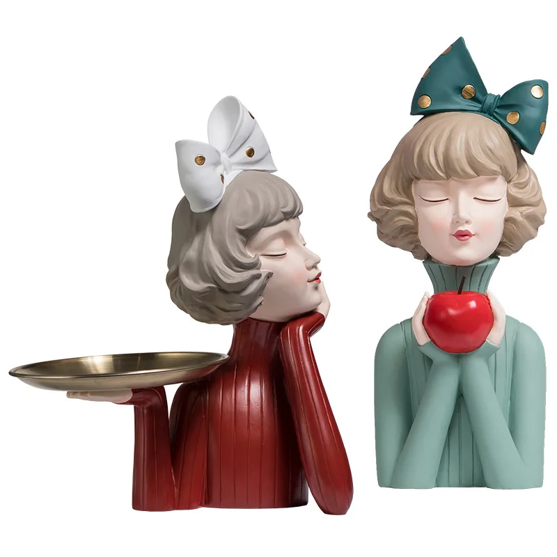 

Nordic Resin Girl Storage Figurines Flower Vase Pot Bowknot Girl Sculpture Desktop Sundries Organizer Home Decor