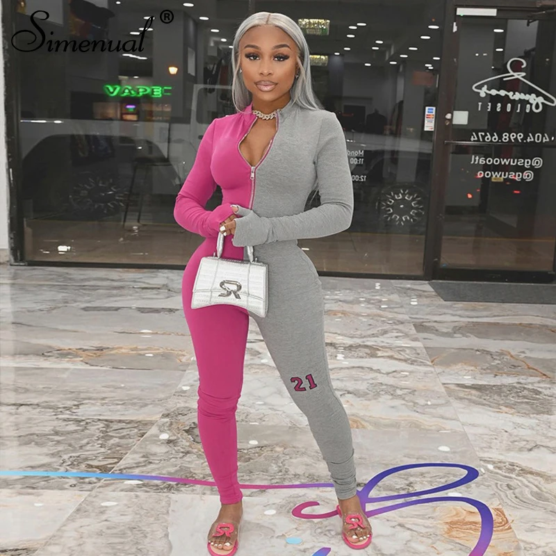 

Simenual Patchwork Sporty Rompers Women Jumpsuit Long Sleeve Zipper Letter Print Skinny Outfits Casual Athleisure 2021 Jumpsuits