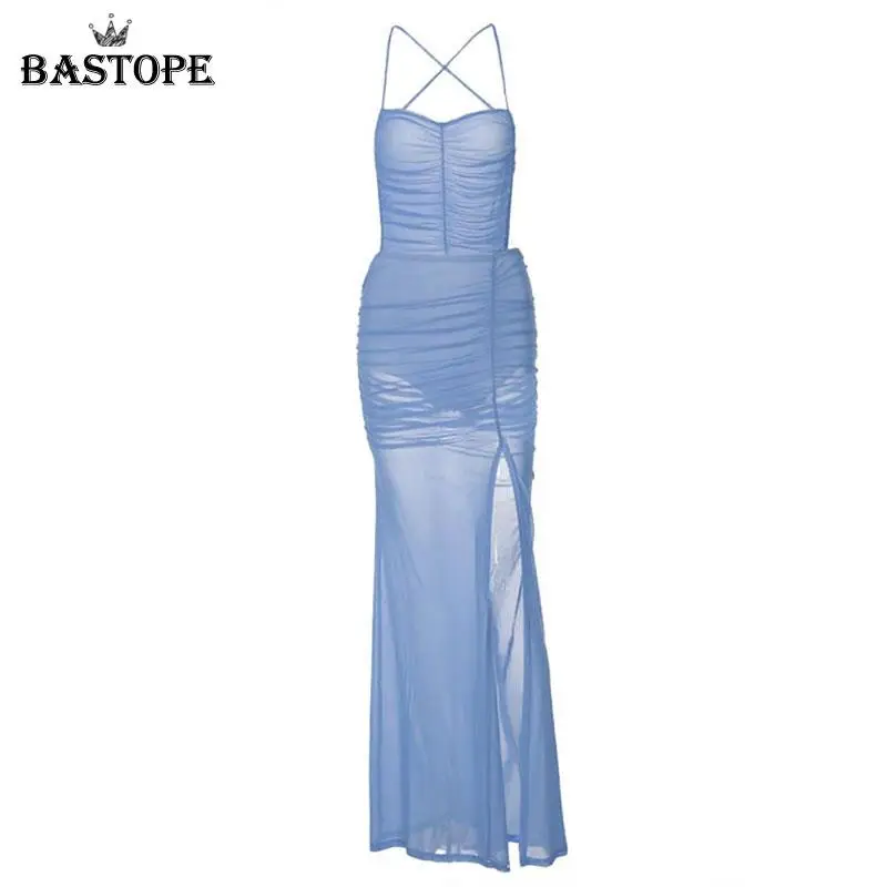 

BASTOPE Mesh Sling Ruched Backless Dress Mesh See Through Midi Dress Bodycon Female Solid Color Slit Sling Dress for Seaside