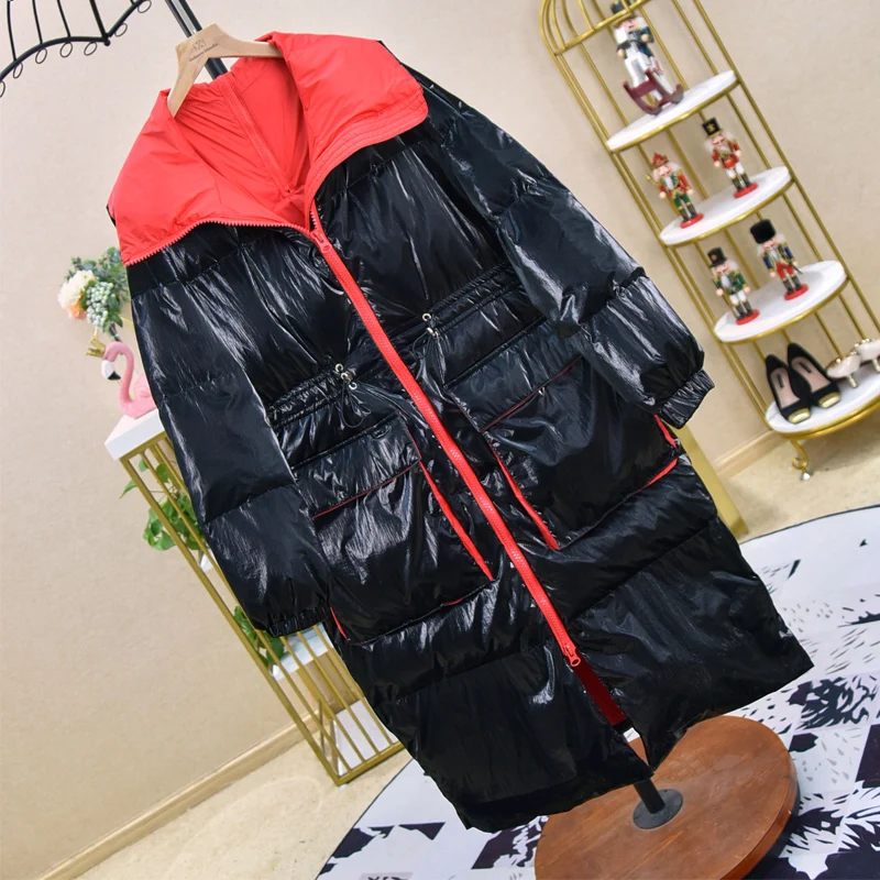 Женский зимний пуховик с воротником-хомутом серебристый и черный 90% | Женская