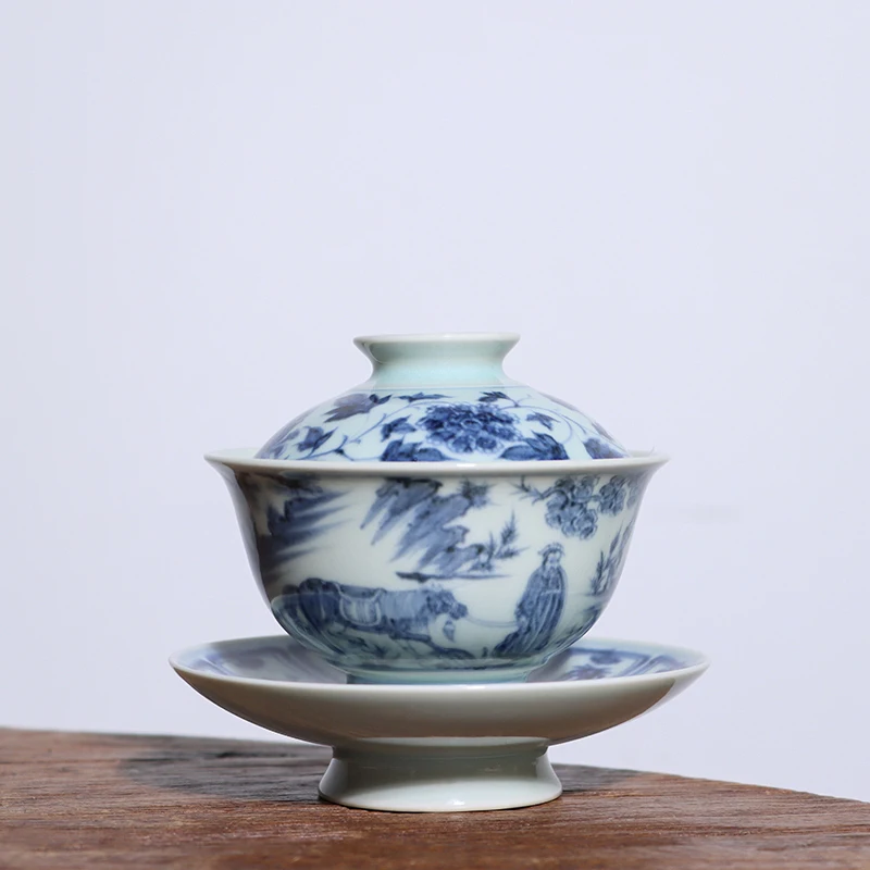 Creaci&oacute;n bajo la monta&ntilde;a habitaci&oacute;n Xiao Heyue despu&eacute;s de han xin tres t&eacute; a mano tueen imitaci&oacute;n Ming cuenco azul y blanco-1