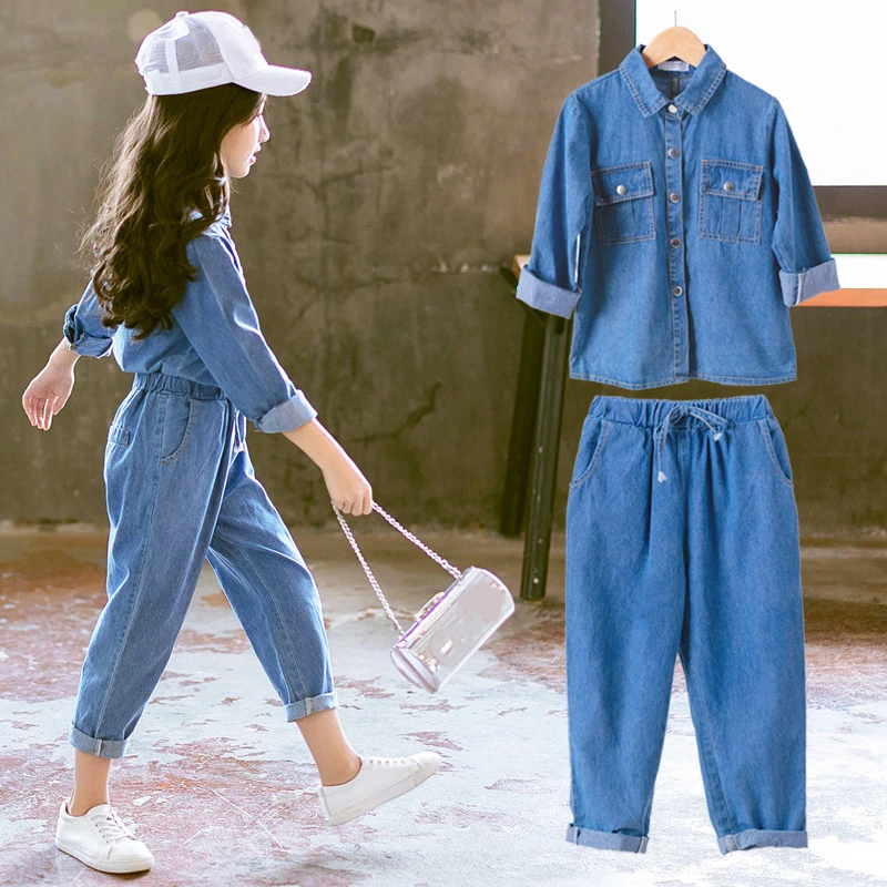 Костюм для девочек 2020 г. Новая осенняя одежда детская в Корейском стиле джинсовый
