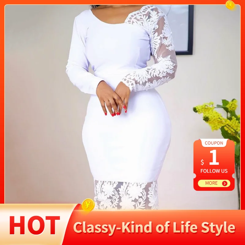 

white dress for women elegant classic lace patchwork 2022 spring new long sleeve bodycon office lady midi dresses evening party