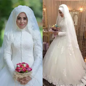 Arabic Bridal Gown Islamic Long Sleeve Muslim Wedding Dress Arab Ball Gown Lace Hijab Wedding Dress 2021