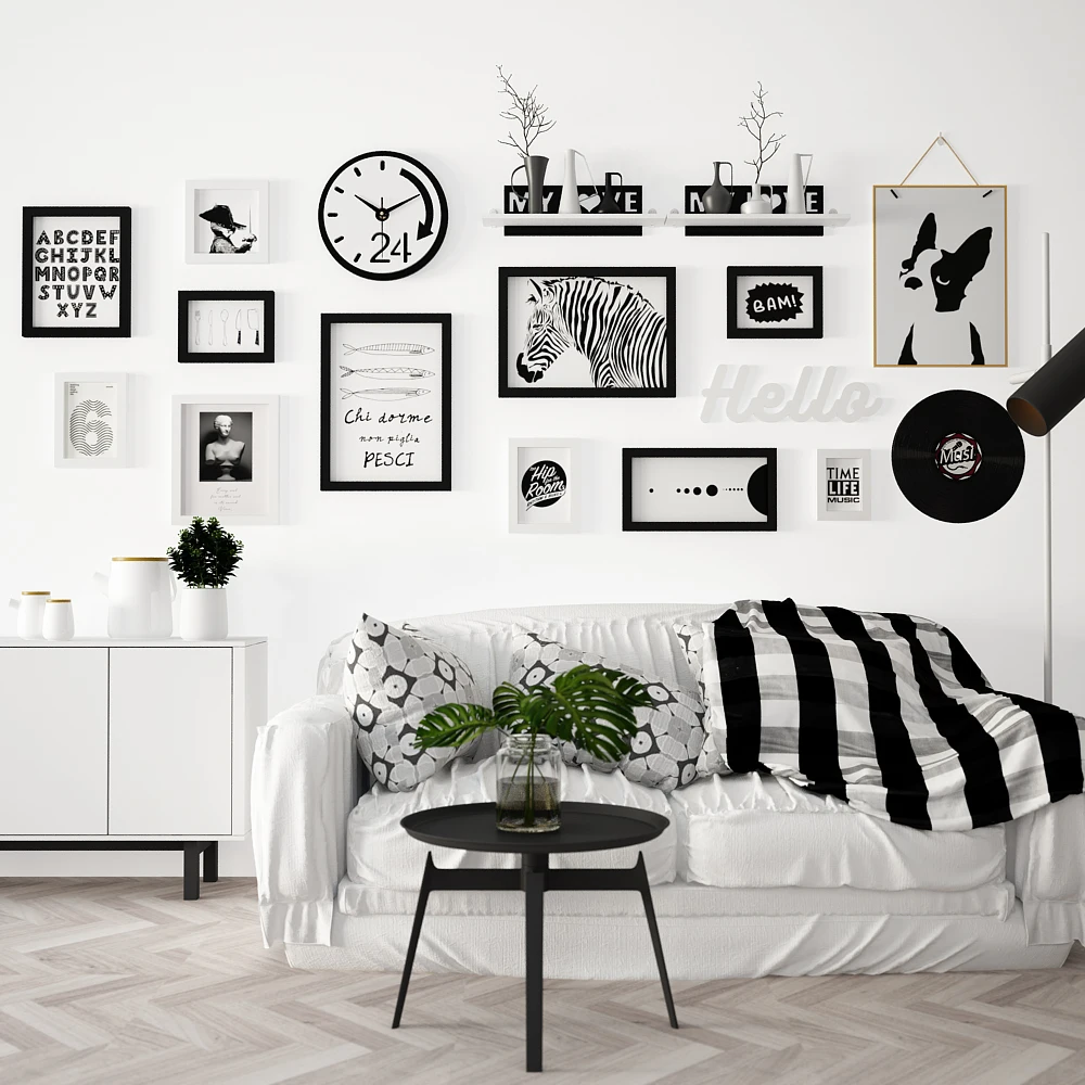 

Photo Wall Black White Photo Frame Silent Clock Hanging Picture Decoration Dog Sundries Flower Pot Shelf Rack Set of 17