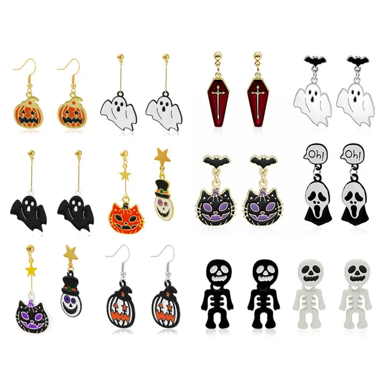 

Забавные мультяшные Подвесные серьги в виде призрака, черепа, милые Подвески в виде тыквы, головы, гроба на Хэллоуин, украшения для женщин и ...