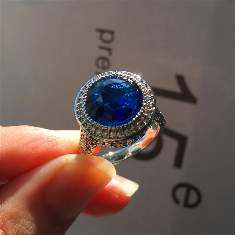Luxury Female Big Blue Round Ring Vintage Style Silver Color Love Wedding Romantic Promise Engagment Rings For Women | Украшения и