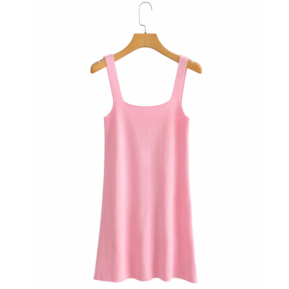 

XEASY 2021 New Summer Women Vintage Sexy Solid Elastic Knitted Dress Female Casual Fashion Slim Square Collar Mini Dresses