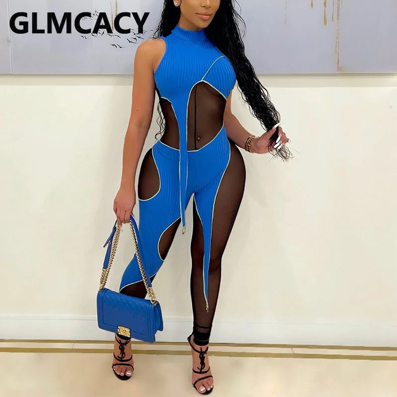 

Women Sleeveless Mesh Insert Ribbed Slim Jumpsuit Sexy Party Clubwear Overalls