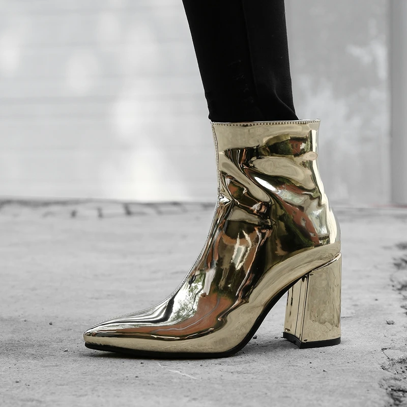 

2020 New Sliver Gold Women Ankle Boots Pointed Toe Chunky High Heel Boots Mirror Metallic Women Pumps Female Sexy Stiletto Boots