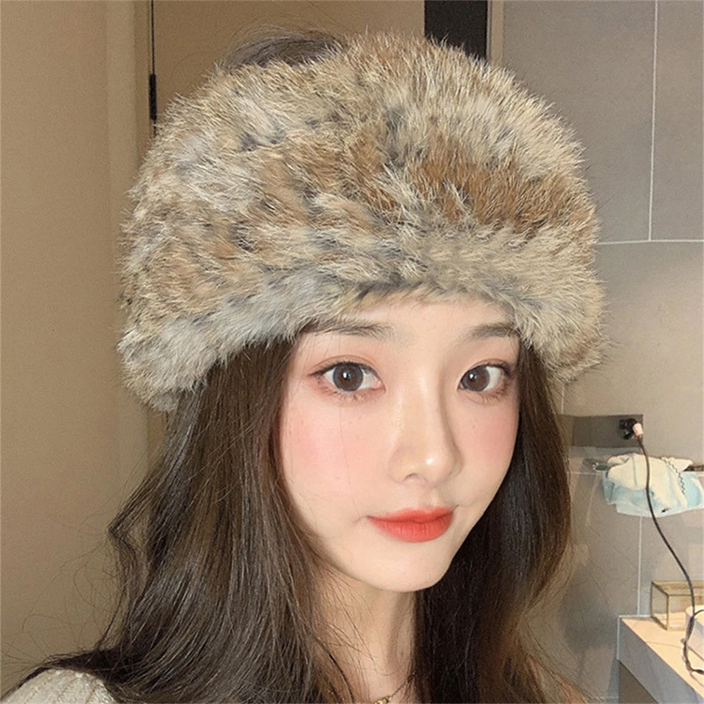 Women's Hand-Knitted Rabbit Fur Hair Band Knitted Fur Scarf Warm Empty Top Plush Hat Autumn and Winter Jewelry Accessories