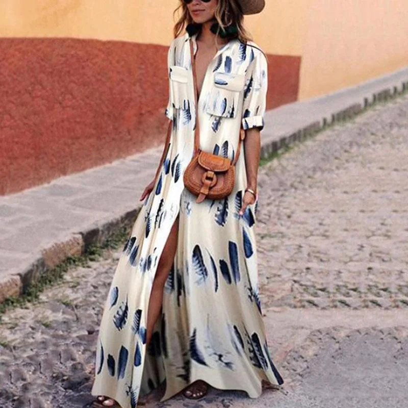 Springr Autumn Women Dress Stripe Single-Breasted Shirt Dot Printed Loose Long Party Dresses Half Sleevel Vestidos Vintage | Женская