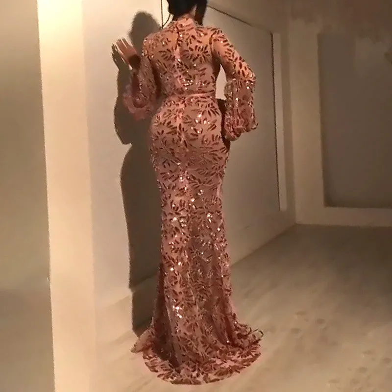 

New Arrival Fashion Women Trumpet Dress Vintage Lantern Sleeves O-neck Sequined Maxi Dress