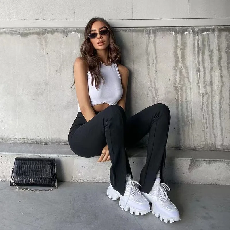 

Модные прямые повседневные брюки с высокой талией в европейском и американском стиле, Новые облегающие брюки с вертикальной молнией и разр...