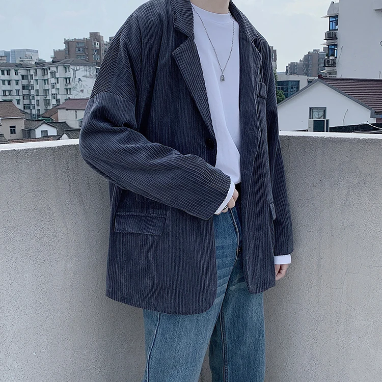 

2021 New Casual Blazer Men Corduroy Dad Suit Jackets Trendy Loose Streetwear Raglan Sleeve Vintage Outfit Black White Beige