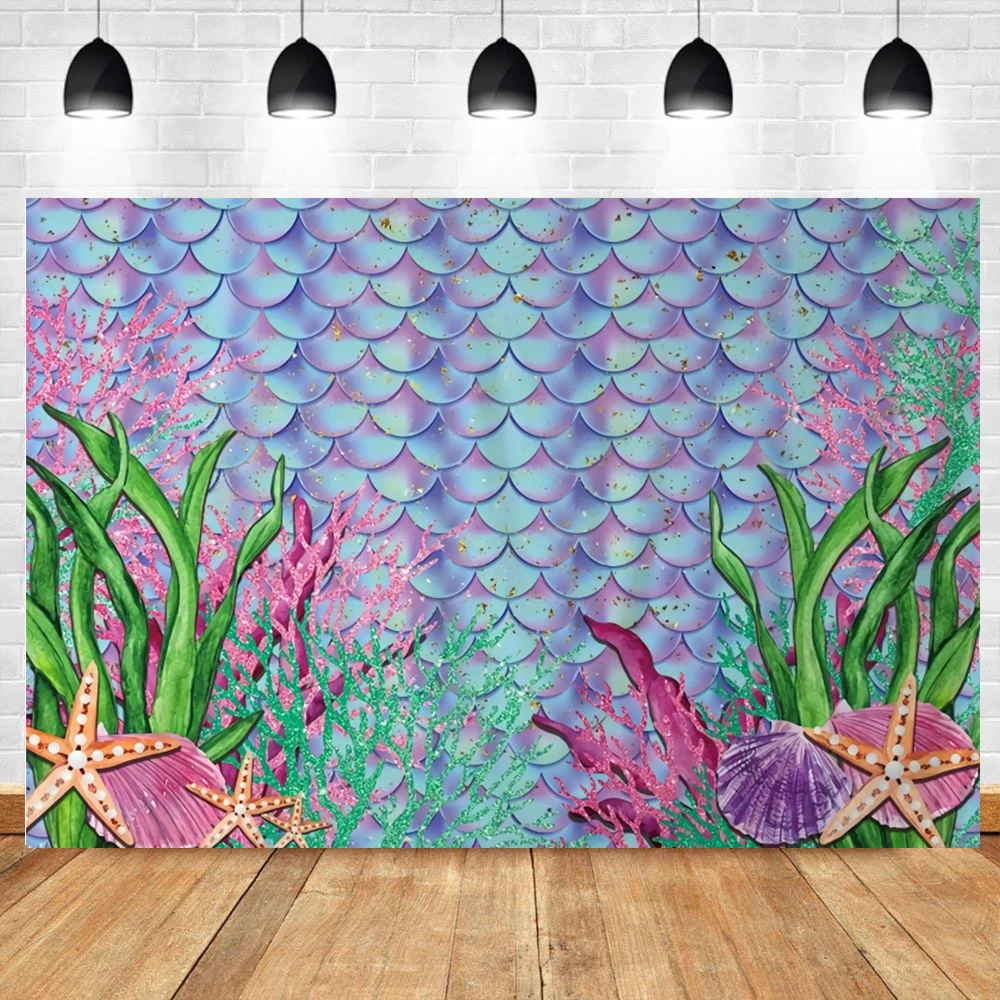 

Фон с изображением русалки Фэнтези рыбные весы коралловые растения день рождения младенца фотография Декорация