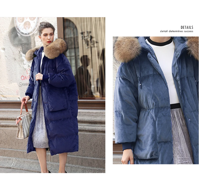 Женское длинное пальто на утином пуху зеленое и темно-синее бархатное с