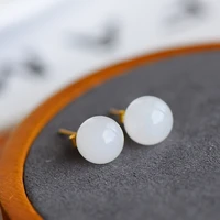 natural 925 sterling silver inlaid hetian white jade round beads simple retro earrings jewelry individuality for woman earings