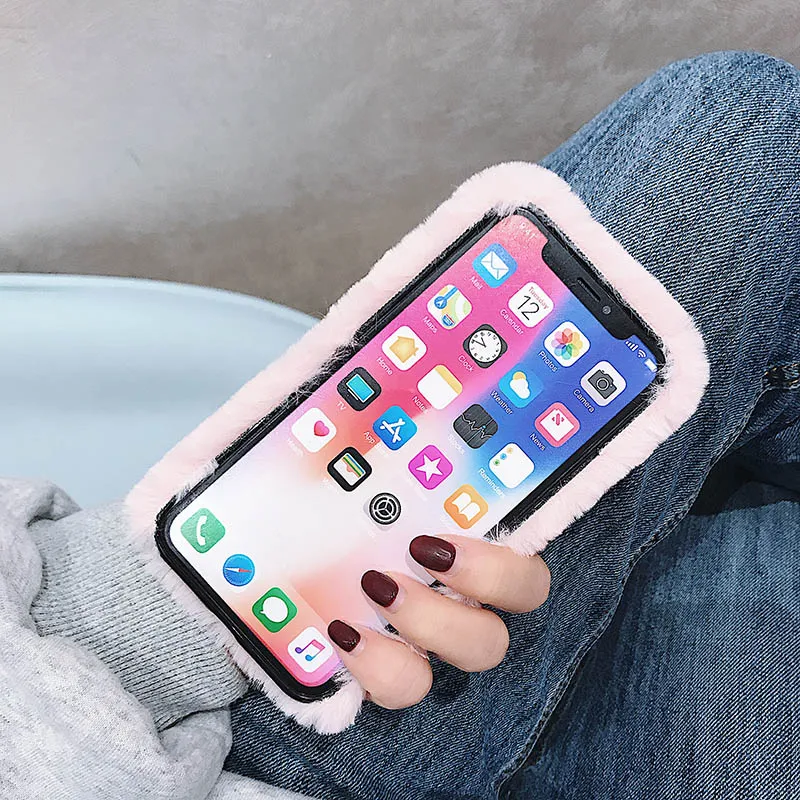 

Fashion Cute Plush Phone Case For Fundas iPhone 12 11 Pro Max X Xs 8 7 6 6S Plus 5S 5C 4 4S SE 2020 Warm Fur Diamond Back Covers