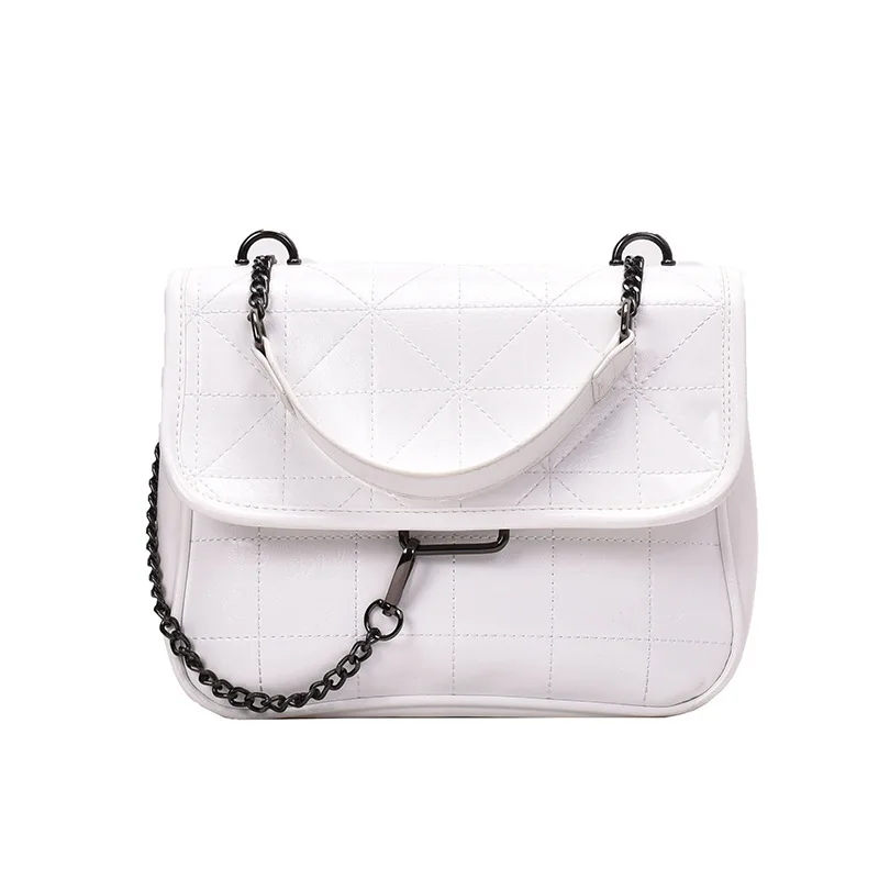 

2021 New Arrivals Women Shoulder Bag For Female PU Leather White Solid Color Check Pattern Design Simple Style Girl's Chain Bag