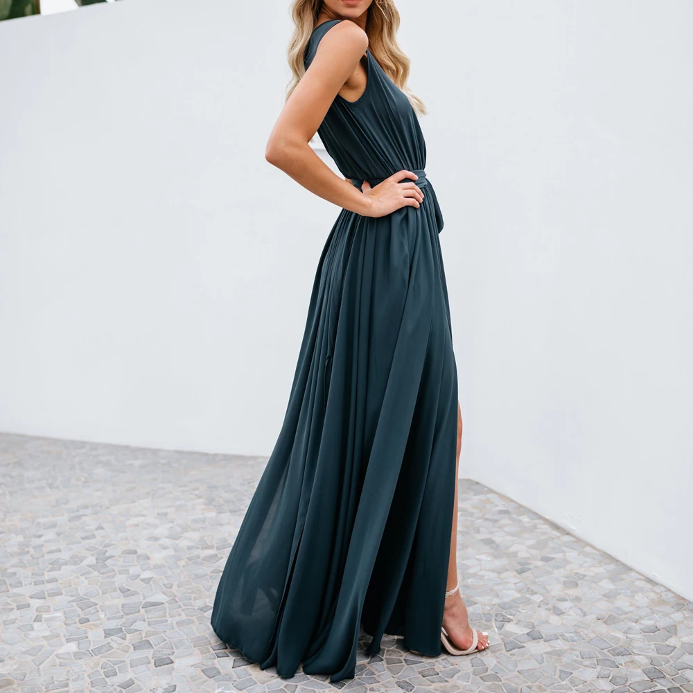 Женское длинное вечернее платье без рукавов однотонное элегантное винтажное с V