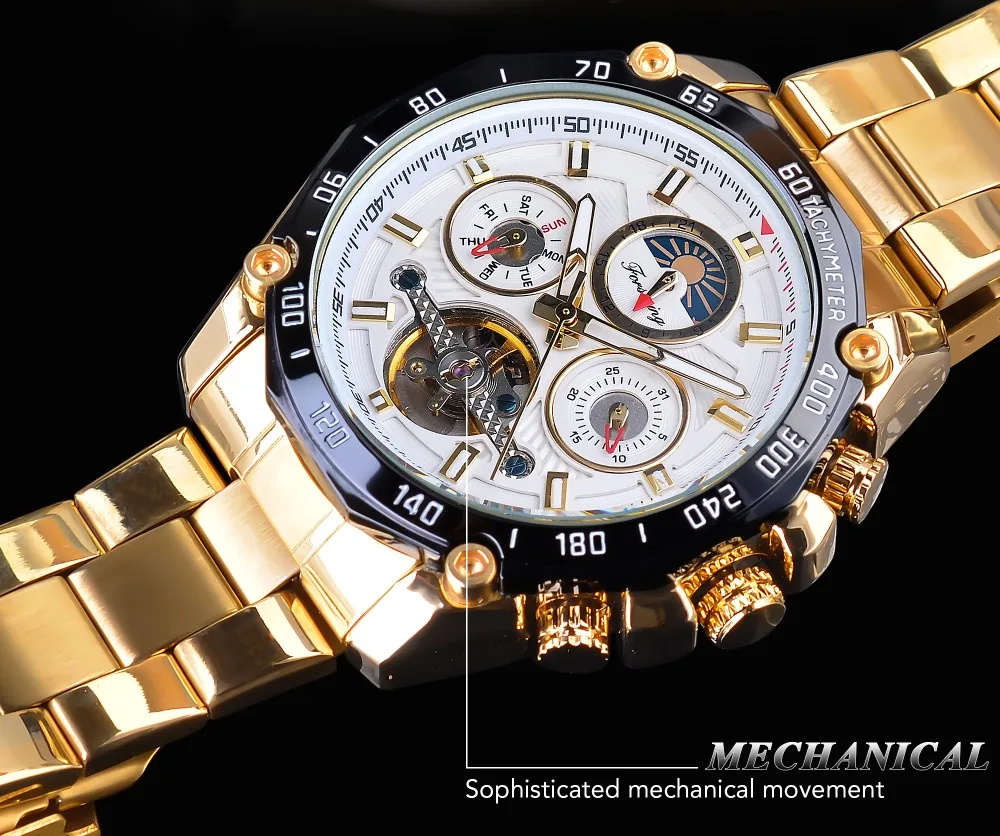 Forsining Классические Золотые Tourbillon механические часы Мужские автоматические Moonphase календари ремни из нержавеющей стали часы Reloj Hombre