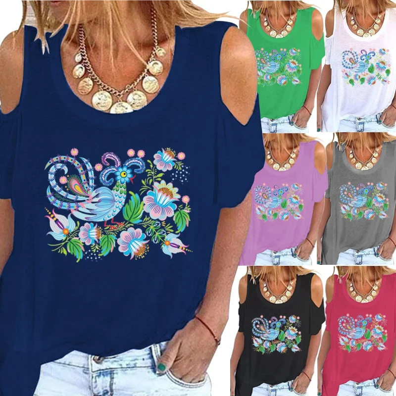 

Women's Summer Fashion Color Printing Round Neck Short-sleeved T-shirt Casual Off-shoulder Shirt Loose Solid Color Tops XS-5XL