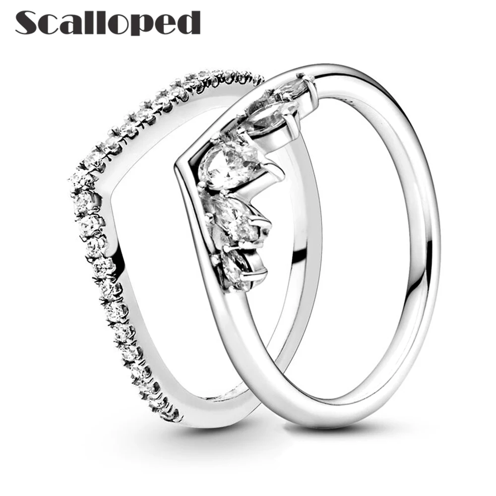 

SCALLOPED Luxury Sparkling Pear Zircon Wishbone Ring Set For Bridal Women Brand Stacking Wedding Band Jewelry Christmas Gift