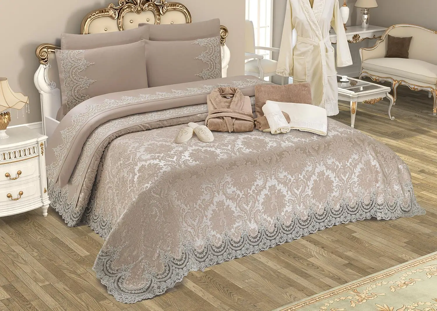 

Land Of dowry French Laced Queen Dowry Package 15 Piece-Cappucino