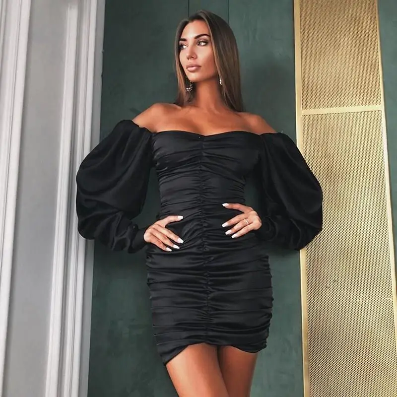 Autumn Women Sexy Solid Off Shoulder Mini Dress Party Long Sleeve Backless Bodycon Wrap Pleated Short | Женская одежда