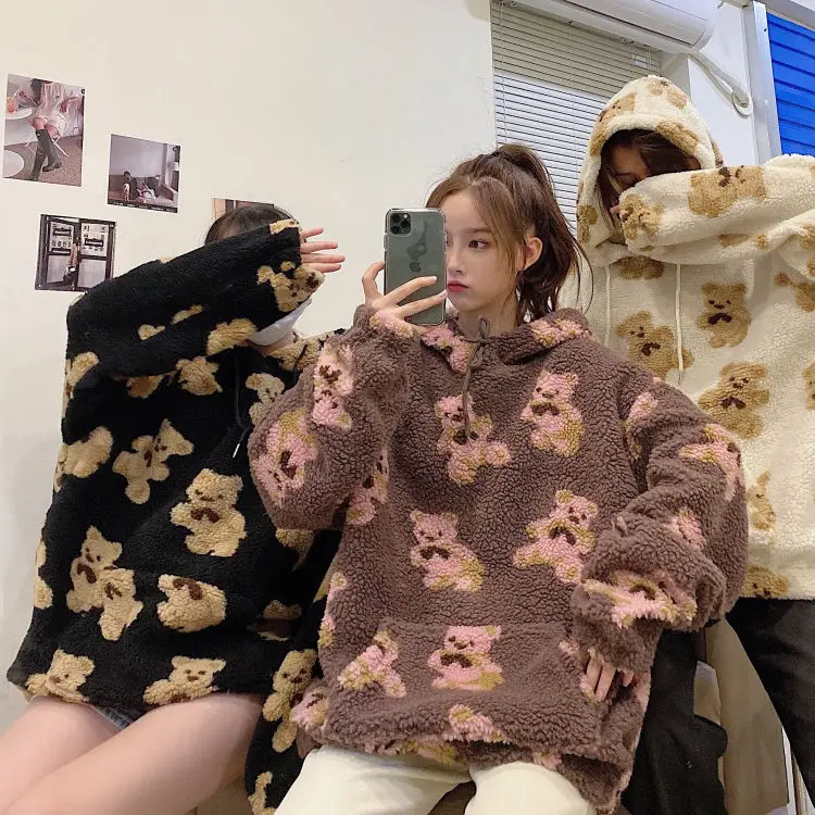 Женская толстовка из овечьей шерсти с принтом медведя Корейская спортивная