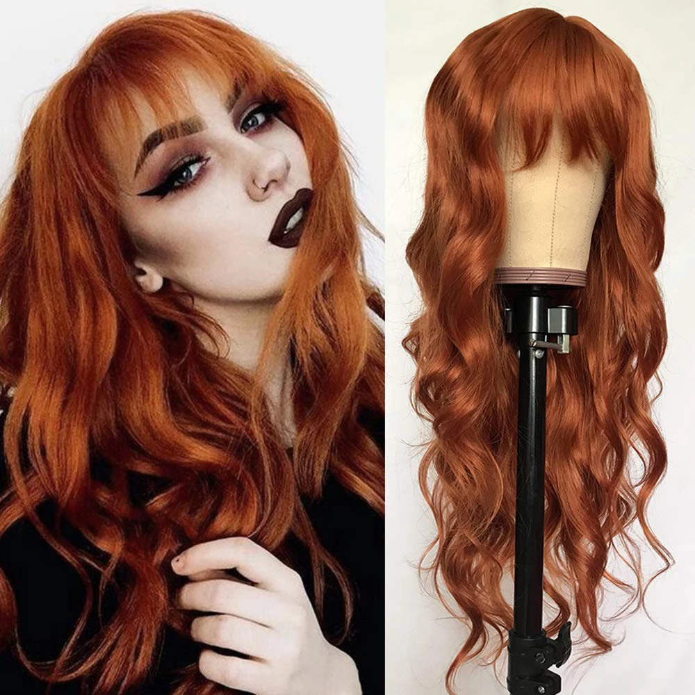 

Ginger Orange Color Loose Wave Hair Replacement Wigs for Fashion Women Heat Resistant Synthetic Lace Front Wigs with Bangs