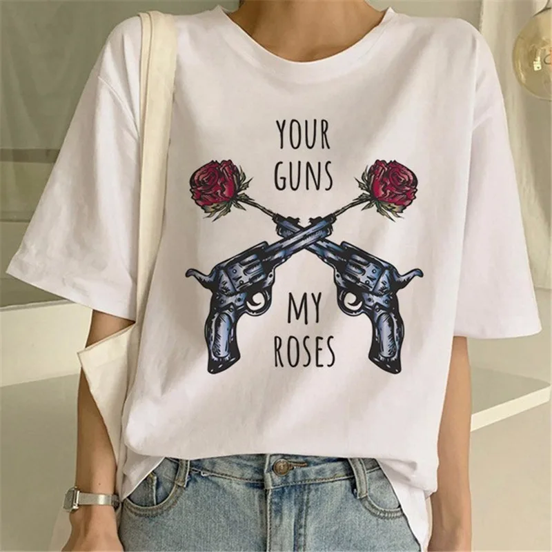 

Women's White T-shirt Guns N Rose T-shirt Fashion Punk T-shirt Street Rock Female Top Pistola N Rose Printed Hip Hop T-shirt