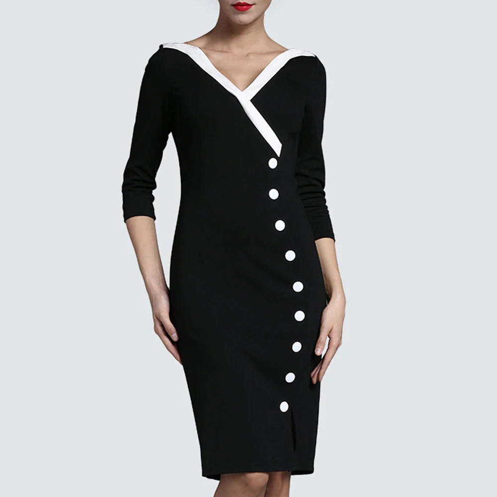 

Casual Wear To Work Office Business Side Split Pencil Dress Elegant Women Buttons Patchwork Sheath Slim Bodycon Dress HB335
