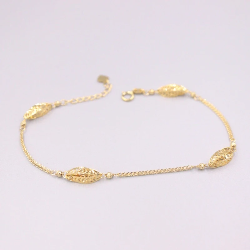 

Pure 18K Yellow Gold Bracelet Hollow Leaf Wheat Link Chain Adjustable Bracelet Woman Lucky Gift 2.6-2.8g