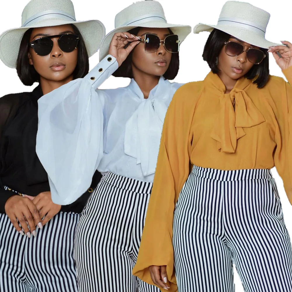 

SUWA New Arrival Chiffon Solid Color Bow Collar Long Lantern Sleeve Tops Spring Office Lady Thin Tees Women Streetwear 3 Color