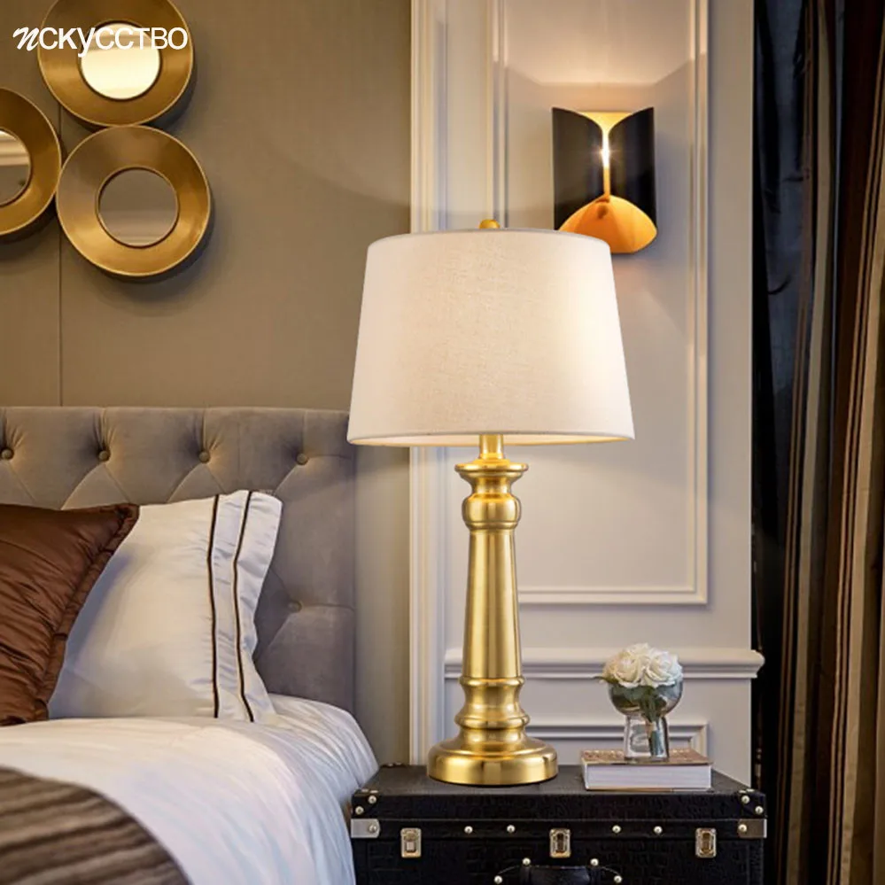 

American Brass Color Body Linen Lampshade Table Lamp Cottagecore Decor Retro Bedroom Office Desk Reading Standing Light Fixtures