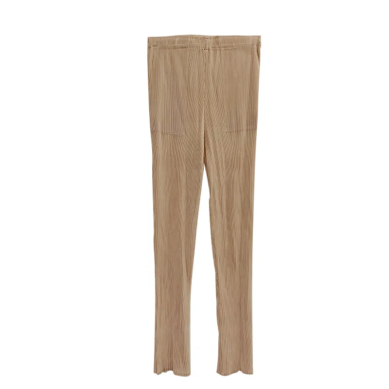 

Miyake Folds Ladies Pencil Pants 2021 Spring/Summer New Casual Pocket Womens Solid Color High-Elastic Long Trousers WXa33