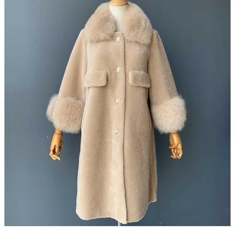 MAOMAOFUR/шерстяное пальто для женщин с натуральным лисьим меховым воротником и манжетами; теплая верхняя одежда для женщин; Новая модная длинная стильная куртка из натурального овечьего меха