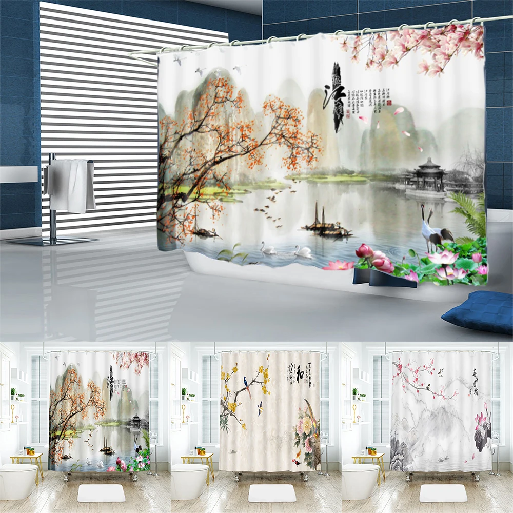 

Waterproof 3D Ink Painting Shower Curtains Bathroom Curtain With Hooks Rustic Landscape Thicken Polyester Bath Curtains