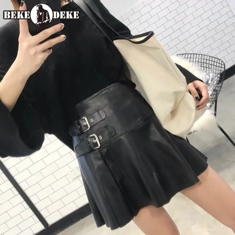 

Women Genuine Leather Pleated Skirts Streetwear High Waist A-Line Mini Skirt Vintage Sheepskin Spliced Slim Casual Black Skirts